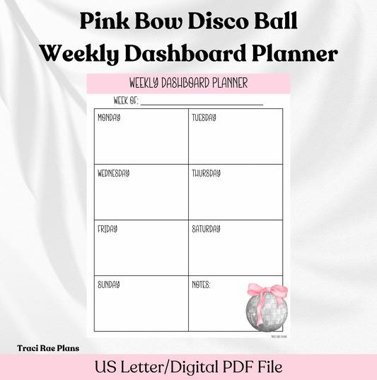 Pink Bow Disco Ball Weekly Dashboard Planner | US Letter/Digital