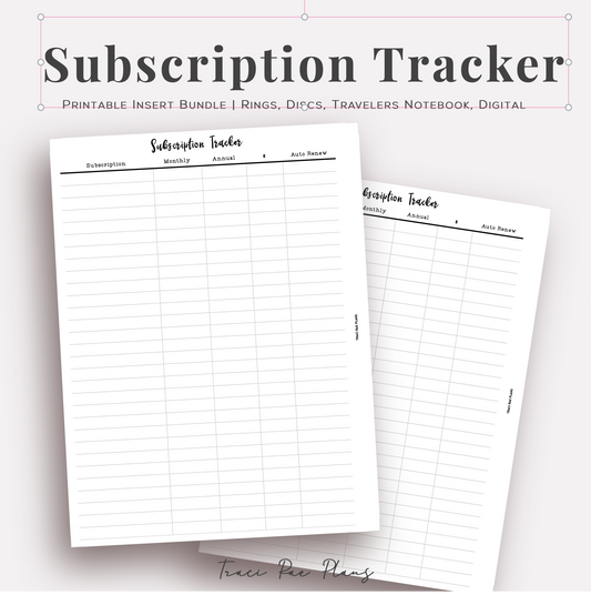 Subscription Tracker Printable Inserts