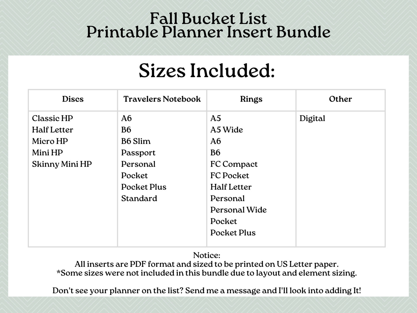 Fall Bucket List Printable Inserts