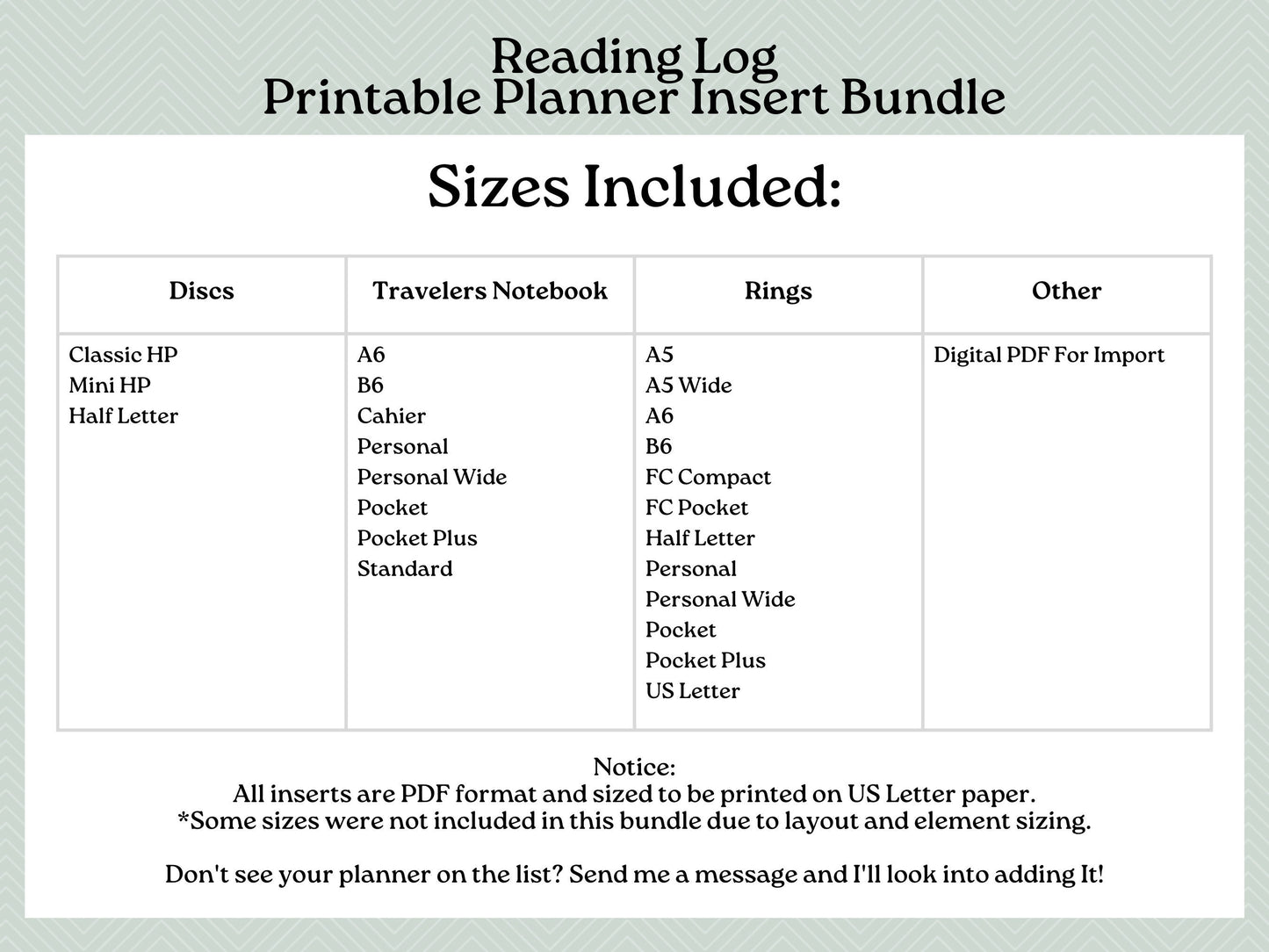 Printable Inserts - Reading Log