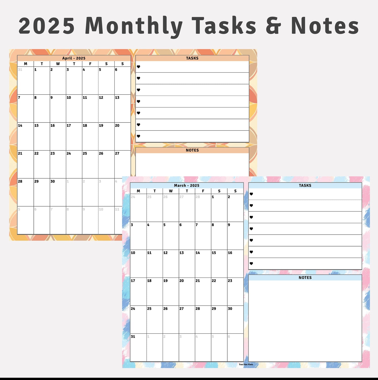 2025 Monthly Calendar Tasks & Notes Printable Inserts