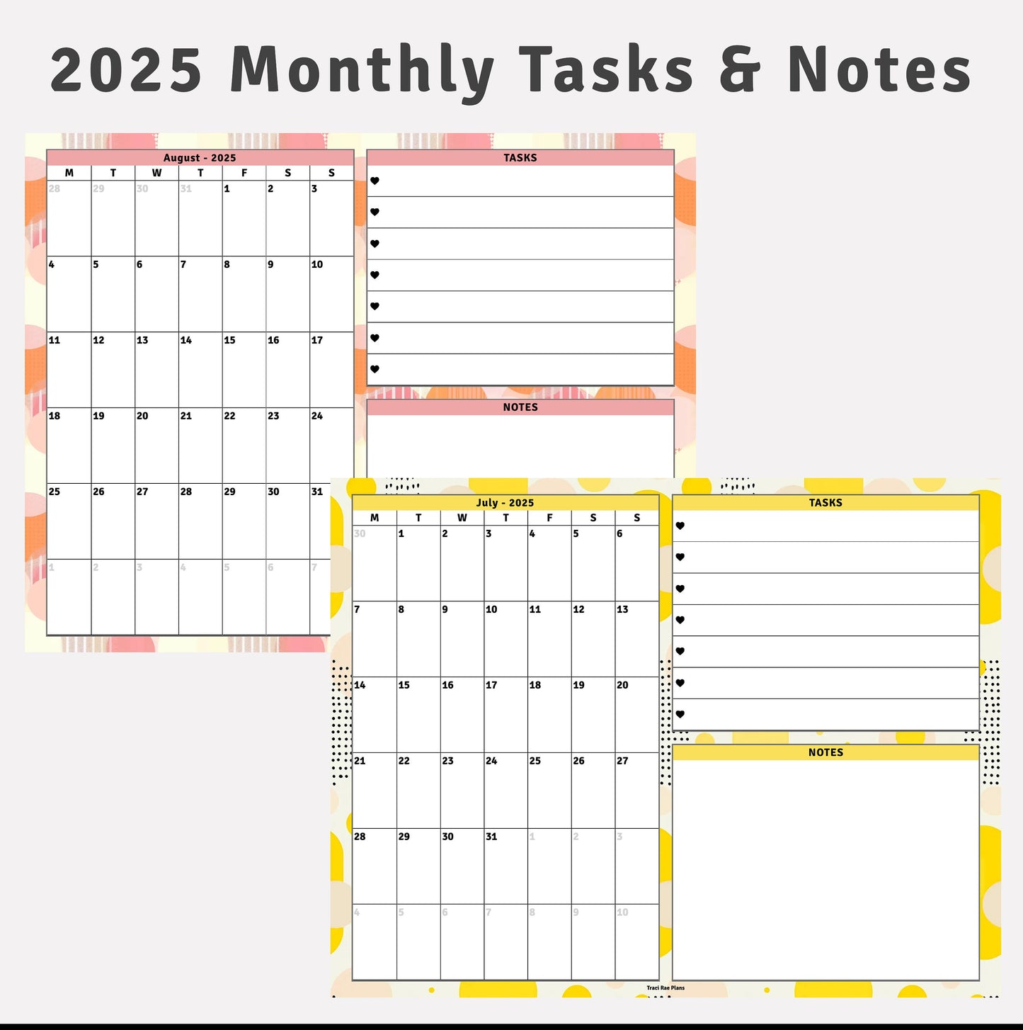 2025 Monthly Calendar Tasks & Notes Printable Inserts