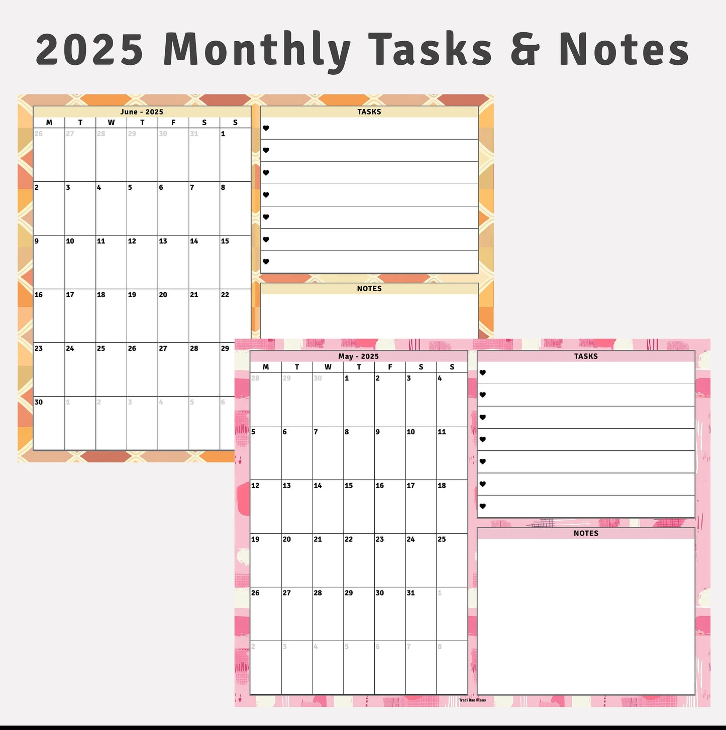 2025 Monthly Calendar Tasks & Notes Printable Inserts