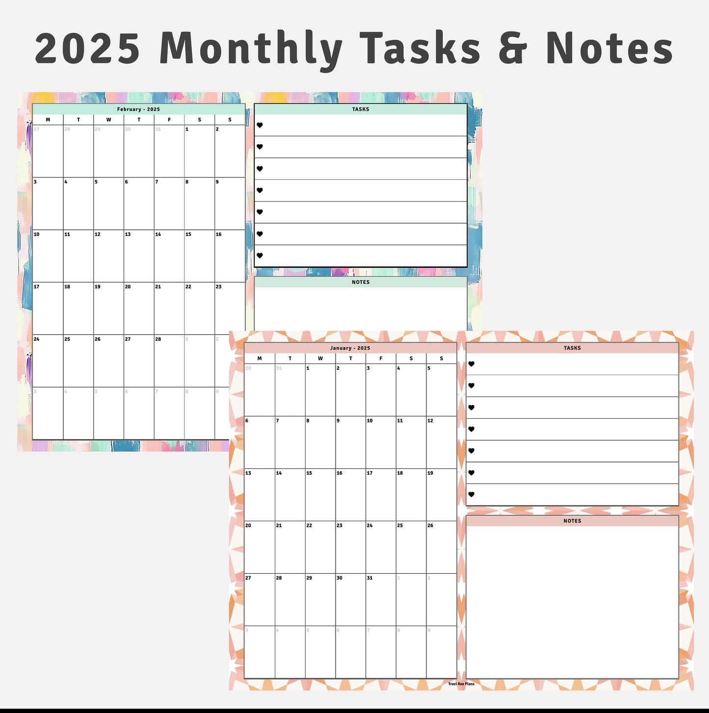 2025 Monthly Calendar Tasks & Notes Printable Inserts