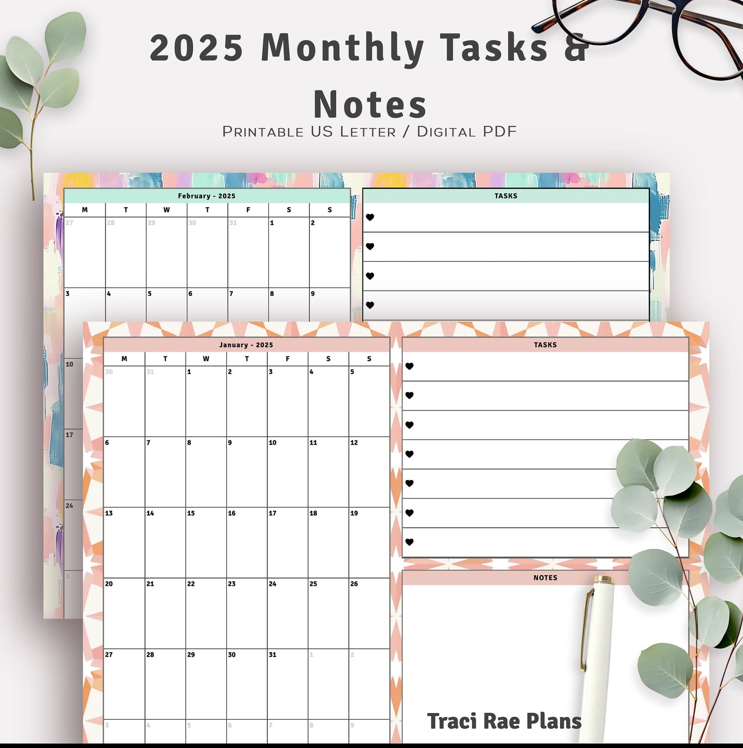 2025 Monthly Calendar Tasks & Notes Printable Inserts